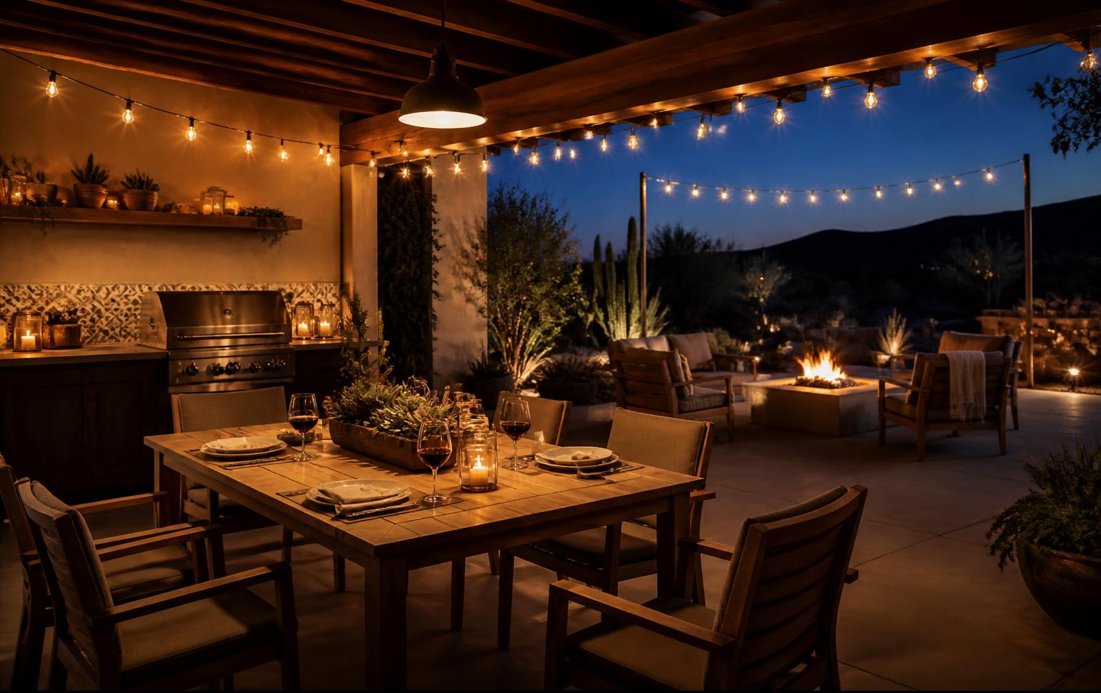 Covered patio at dusk with string lights and a table set for dinner