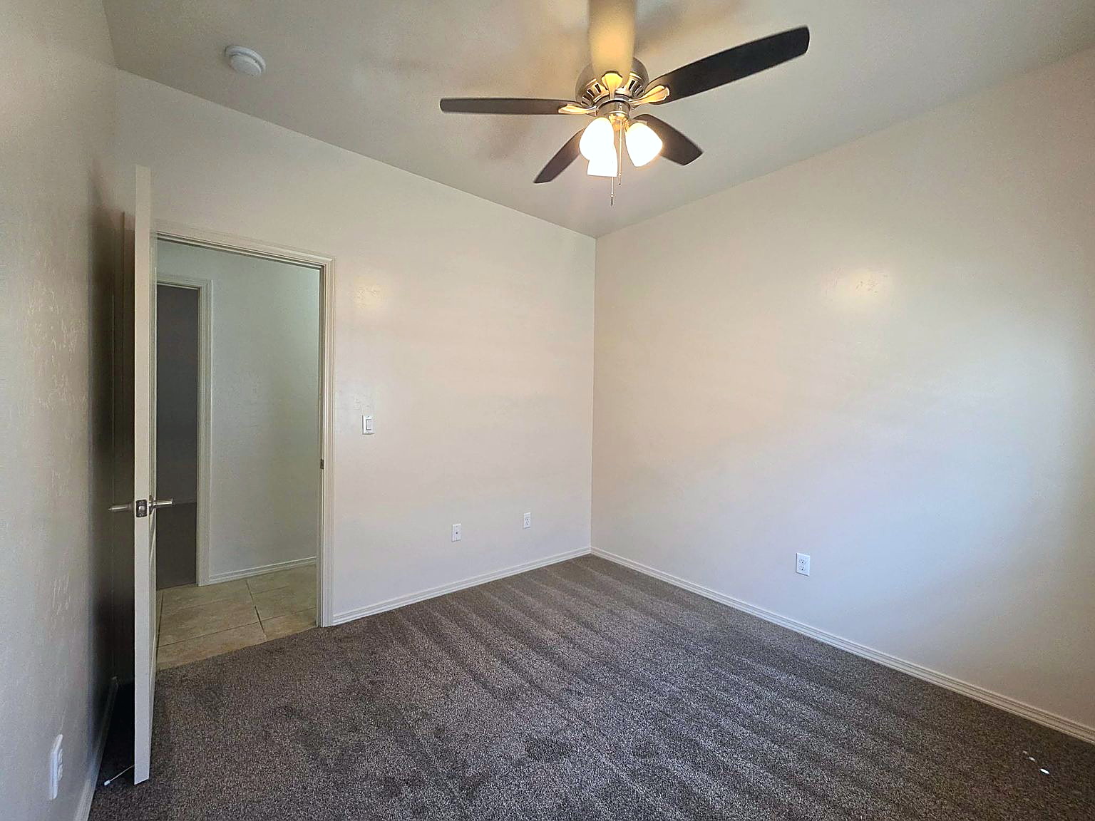 Bedrooms — Carpeted bedroom with ceiling fan