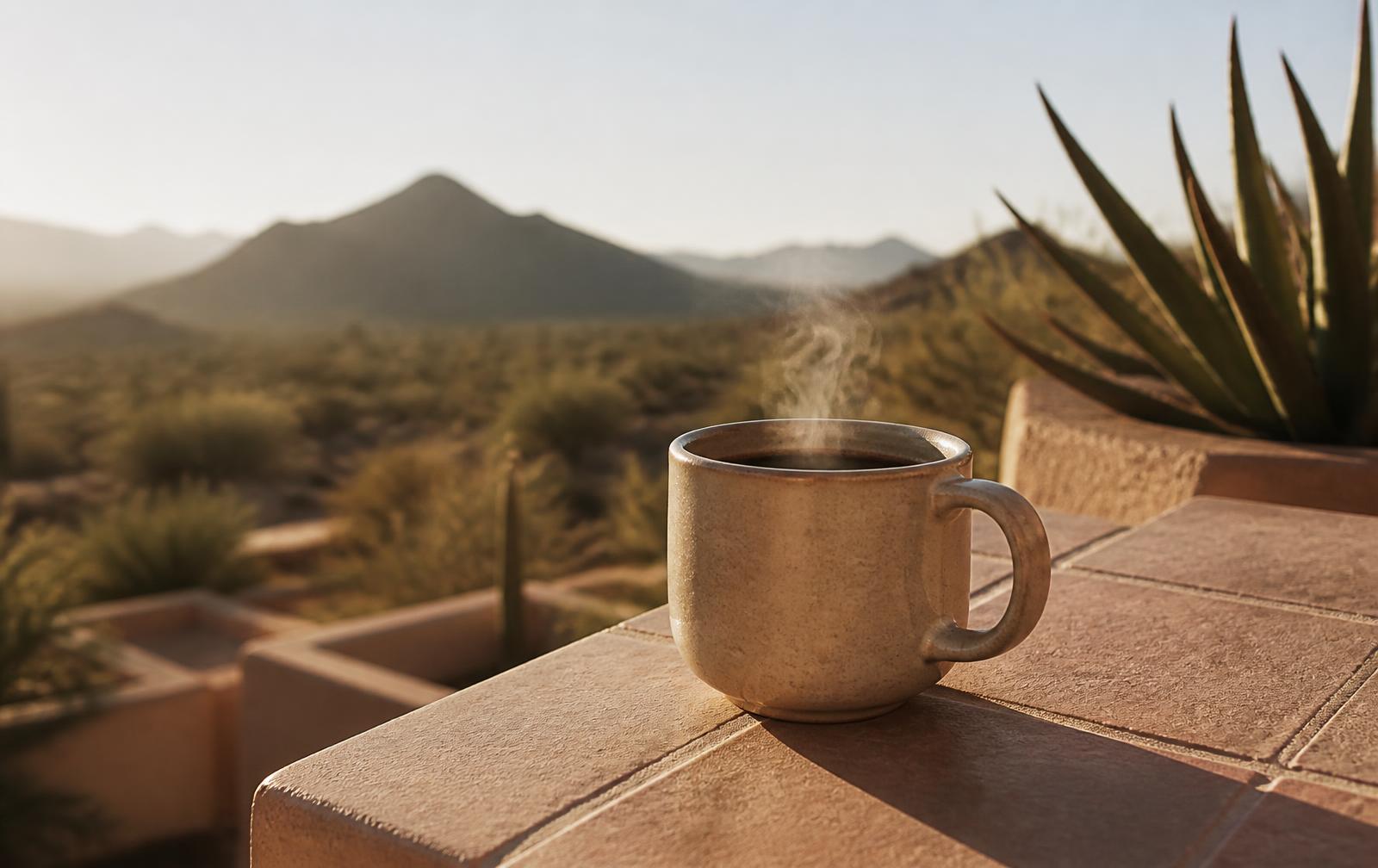 A ceramic mug of coffee steaming on a sunlit patio ledge in the desert morning